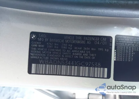 2001 BMW 540I z USA, uszkodzony, nr VIN WBADN53441GC97538